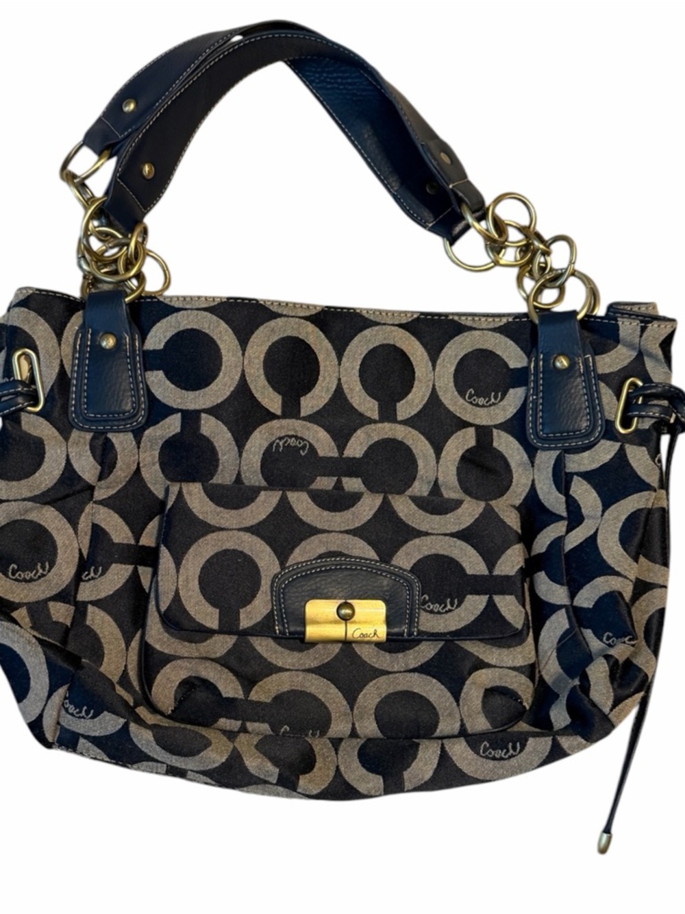 Coach Kristin Op Art EW (East West) Tote. Navy Blue & tan